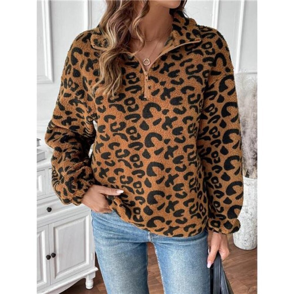 Leopard Half Zip Long Sleeve Sweatshirt